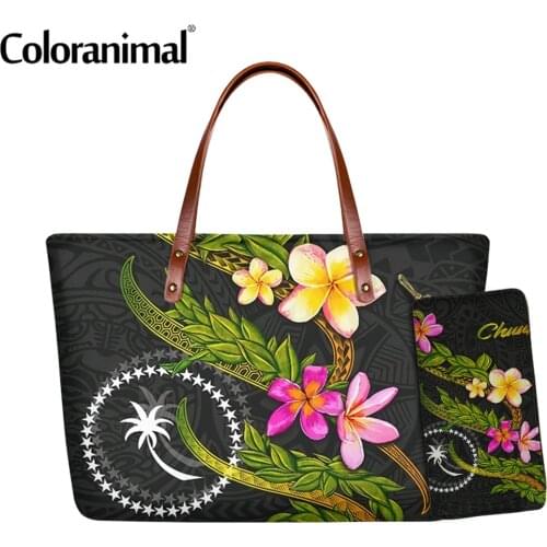 Coloranimal Fashion Chuuk Polynesian Plumeria Flower Prints Ladies Tote Handbag 2Pcs/Set Shouldet Bag for Women Crossbody Bag