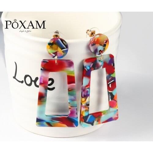 POXAM 2019 Fashion Personality Long Acrylic Drop Earrings for Women Geometric Colorful Fiber Resin femme Ear Jewelry statement