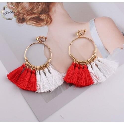 Tassel Earrings for Women Ethnic Big Clip on Earring Bohemia Fashion Jewelry Trendy Cotton Rope Fringe Long No Ear Hole Earings