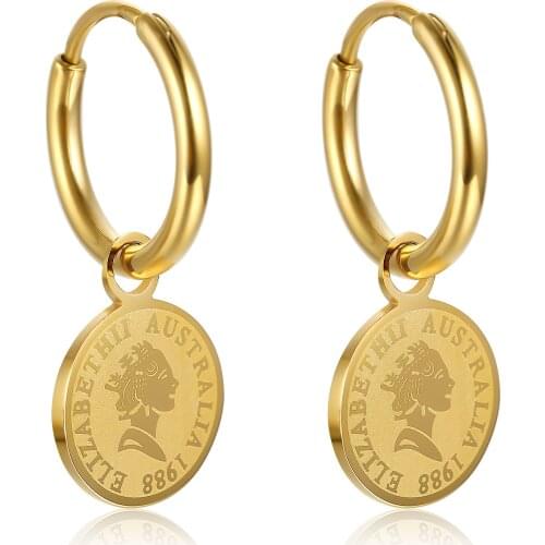 Hoop Earrings for Women Elizabeth Ⅱ Queen Round Head Portrait Coin Pendant Stainless Steel Gold Color Vintage Jewelry(GE200)