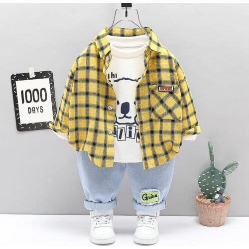 2021 Autumn Outfits Baby Boys Clothes Sets Cute Infant Cotton Suits Plaid Shirt Jacket T Shirt Pants 3pcs Boys Kids Clothing