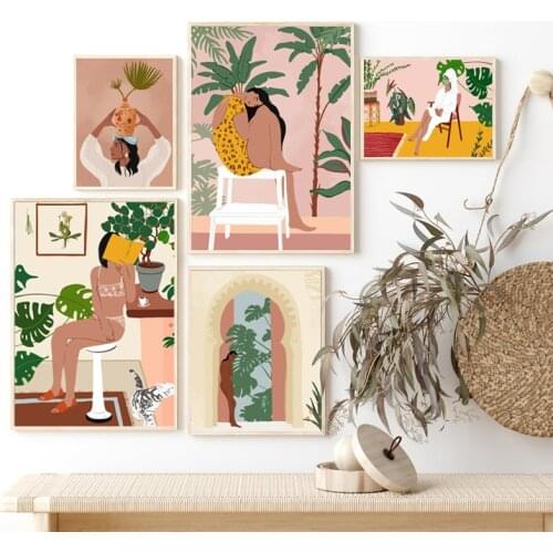 African Girl Posters Tropical Plants Wall Art Canvas Painting Fashion Woman Nordic Prints Pictures Living Room Home Decor