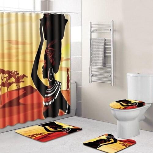 African Women 3D Printed 4 piece set bathroom Toilet Cover Area Rug Bath Non-slip Mat 180*180cm Shower Curtain Factory wholesale