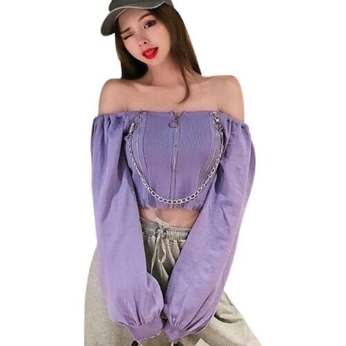 Sexy t-Shirt Womens t-Shirts Slash Neck Chain Palace Style Puff Sleeve Slim Solid Color Top One Size