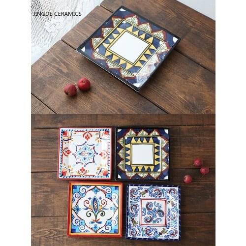 Square hand painted flower ceramic plate fruit salad plate dessert steak japanese cuisine kitchen storage decorative tableware