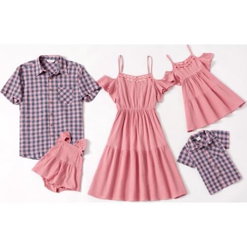 PatPat New Summer Mosaic Family Matching 100% Cotton Sets(Flounce Sleeve Off-shoulder Solid Dresses - Plaid Tops - Rompers)