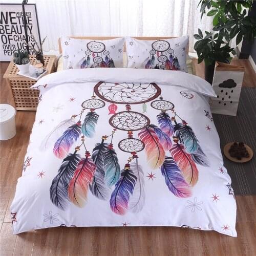 Bedding Set Dream catcher King Colorful Feathers Duvet Cover Bohemian Mandala Bedclothes White