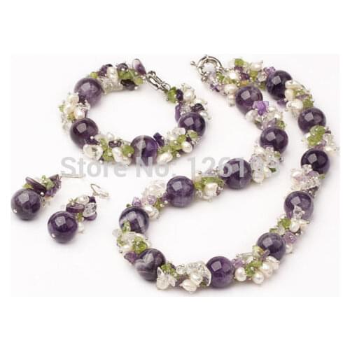 Nice Purple Crystal Peridot & Pearl Matching Necklace, Bracelet Earrings Set Jewelry for women