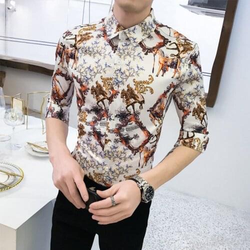 Summer Mens Slim Short-sleeved Shirt Mid-sleeve Shirt Mens Social Bowl Shirt A236-1903-P55