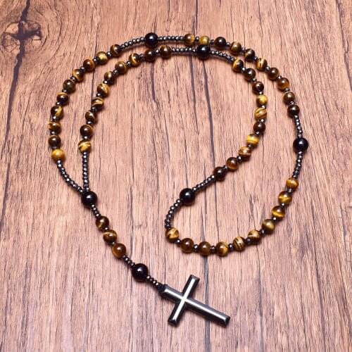 Man Prayer Bead Necklace Hematite Cross Pendant with Tiger Eye Onyx Catholic Christ Rosary Necklace Vintage Jewelry Dropshipping