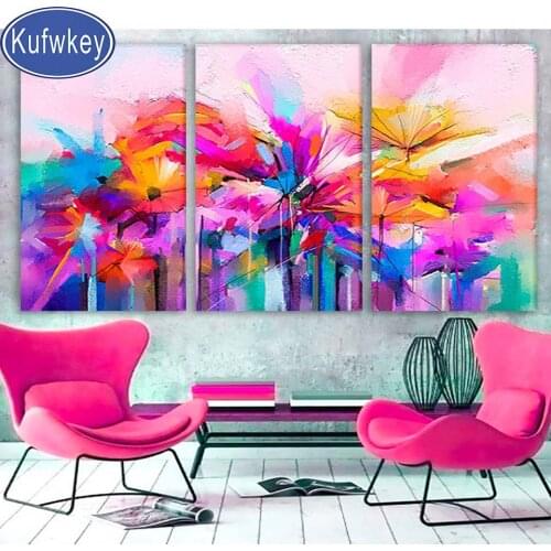 Bright Flowers 3 pieces diamond embroidery full round 3d diy diamond painting pink floral mosaic cross stitch kit home painting
