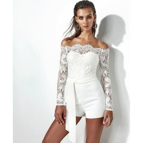 2020 New Elegant Lace Overalls For Women Jumpsuit Lace Sexy Slash Neck Romper Women Long Sleeve Bodysuit Wholesale