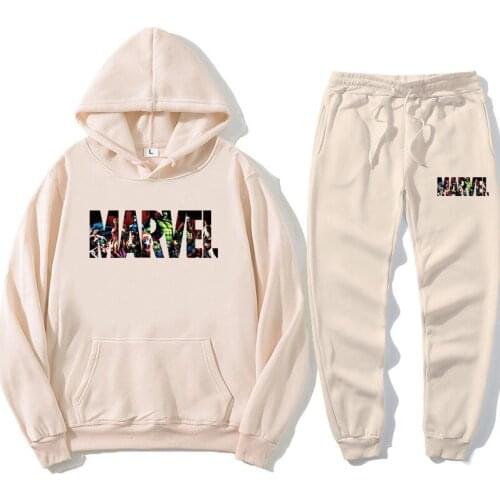 2021 New mens Marvell Sweatshirt + jogging mens long sleeve Hoodie + Pants Black womens sportswear casual suit