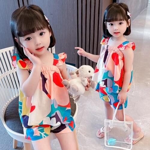 New Summer Girls Sets 0-7 Years Old Childrens Clothing Flower Square Collar Sleeveless Baby Kids Casual Clothes Two Pieces