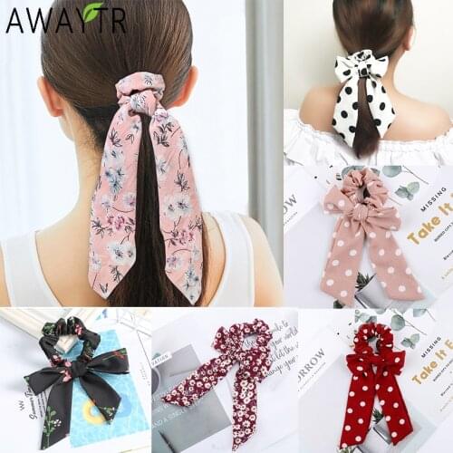 AWAYTR Flower Print Bow Scrunchies Hair Ring Ribbon Girl Elastic Hairband Hair Bands Tie Rope Ponytail Headband Hair Accessories