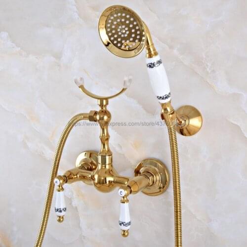 Luxury Gold Color Brass Shower Faucet Wall Mounted Double Handle Bathroom Shower Mixer Faucet with Hand Shower Nna930