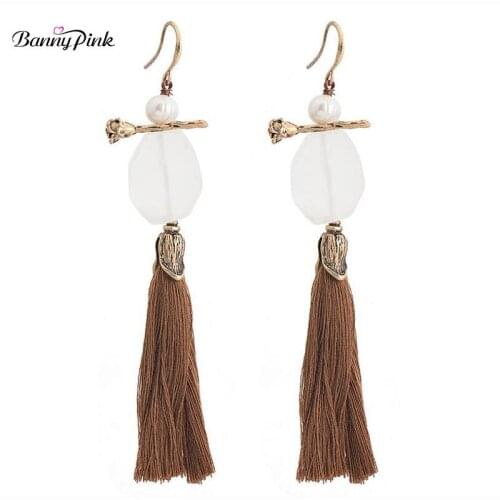 Banny Pink Specially Stone Cultured Pearl Flower Earrings For Women Bohemia Long Tassel Pendant Dangle Earrings Ethnic Earrings