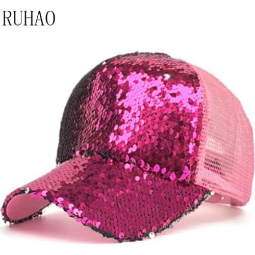RUHAO Black Sequins Mesh Hat Cap Adjustable Baseball Caps Summer Women Casual Snapback Sports Solid Gorras gorras para hombre