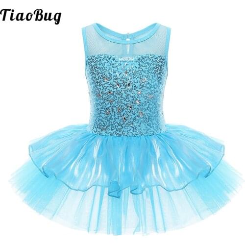 TiaoBug 3 To 10 Years Girls Kids Sleeveless Sequins Ballet Dance Gymnastics Leotard Tutu Dress Stage Performance Costume