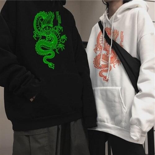 Women Hoodies Unisex Dragon Print Harajuku Vintage Fun Chinese Dragon Print Mens Hoodie Male Sweatshirt Black Coat Streetwear