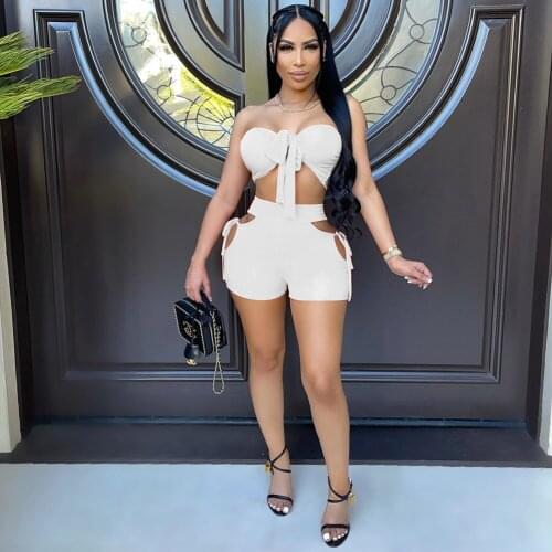 Echoine Strapless Lace Up Bra Halter Crop Top Hollow Out Shorts Two Piece Set Ribbed Sexy Skinny Fitness Matching Set Party Club