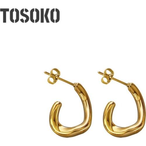 TOSOKO Stainless Steel Jewelry C-Shaped Earrings With Irregular Folds Womens Fashion Earrings BSF430