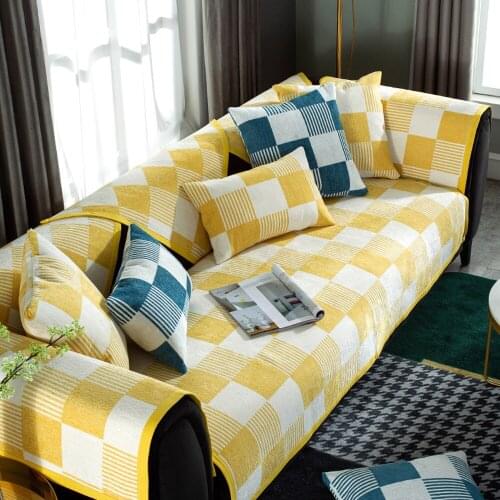 Yellow White Plaid Sofa Towel Simplicity Cotton Linen Sofa Set Modern Geometric Sofa Cover Non-slip Cushion Pillowcase Slipcover