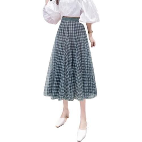 Women Plaid Print Tulle Skirt Casual Elastic High Waist Mesh Flowy A-Line Midi Skirt