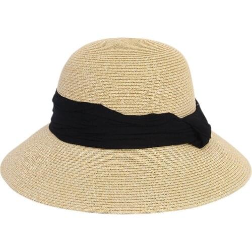 Solid Straw Hats Dome Top Wide Brim Women Paper Hat With Ribbon Beach Cap Panama Vacation Trilby Hat
