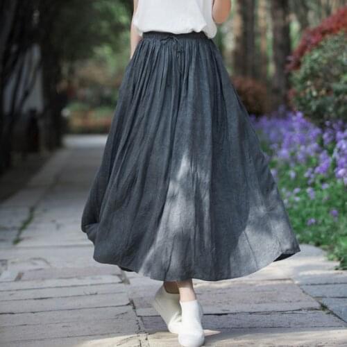 Johnature Women Vintage Pleated Skirts Elastic Waist Solid Color 2021 Summer New Cotton Linen Casual Loose Female Skirts