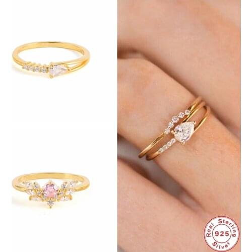 GS 925 Sterling Silver Dainty Colored Pink Zircon Flower Rings For Women Chic Crystal Pave Slim Ring Party Fine Jewelry Gift