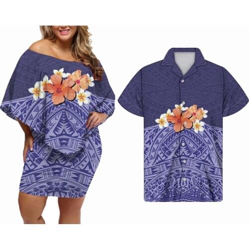 Hycool Polynesian Hibiscus Print Plain Summer Bodycon Dress Slash Neck Elegant Sexy Women Off Shoulder Dress Match Men 5xl Shirt