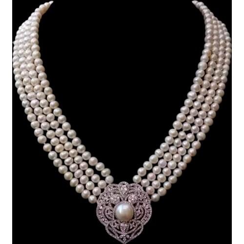 4 Strands Freshwater Cultured White Pearl Necklace Cubic Zirconia Pave Pendant For Women Wedding Jewelry
