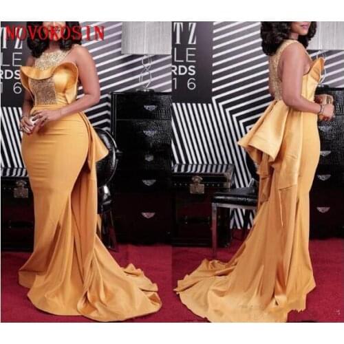 2019 Sexy Mermaid Evening Dresses Scoop Neck Crystal Beaded Plus Size Celebrity Dresses African Women Satin Formal Evening Gown