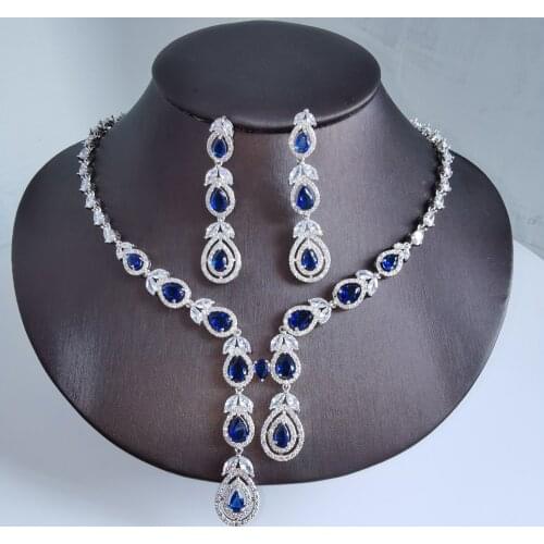 2021 NEW FASHION luxury blue water drop CZ zircon necklace earring wedding bride banquet formal dress jewelry set free shipping