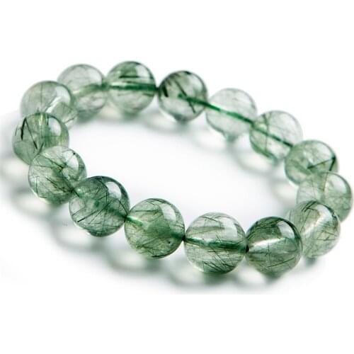 13mm Genuine Brazil Natural Green Hair Rutilated Quartz Bracelets Women Men Powerful Stretch Crystal Round Bead Bracelet