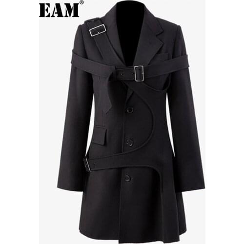 [EAM] Loose Fit Black Asymmetric Belt Long Woolen Coat Parkas New Long Sleeve Women Fashion Tide Autumn Winter 2021 1DD1914