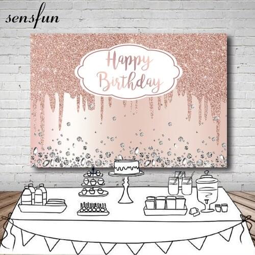 Sensfun Rose Gold Glitter Backdrop Diamond Girl Sweet 16 Lady Women Birthday Party Photography Background Photo Studio Custom