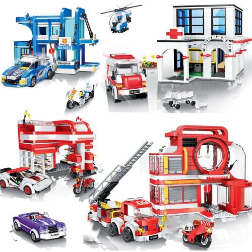 City SWAT police office Fire station aerial ladder model Bricks Kids toys architecture sets ambulance hospital