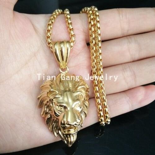 Hip Hop New Gold Lion Biker Mens Boys Pendant Necklace 316L Stainless Steel Jewelry Free 24" Box Chain