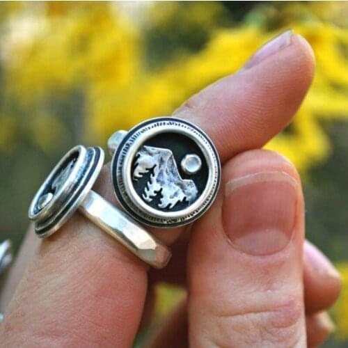 Retro Sunset Mountain Peak Female Ring Fashion Round Jewelry Creative Scenery Pattern Accessories