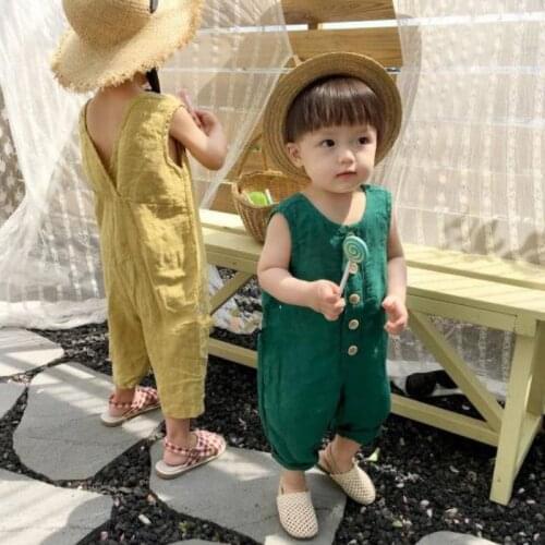 Summer Boys and Girls Linen Soft Back Split Sleeveless Overalls Children Casual All-match Jumpsuits 1-6Y One-piece Rompers Pants