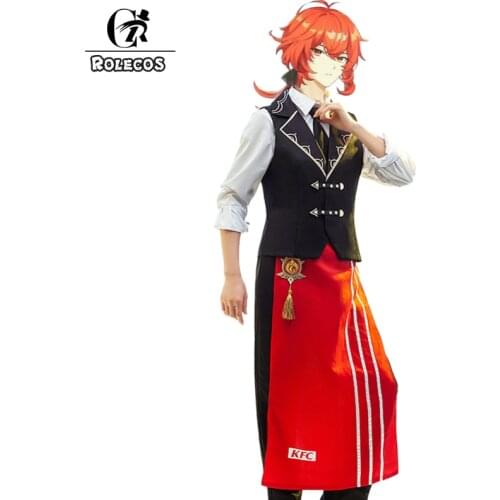 ROLECOS Game Genshin Impact Diluc Cosplay Costume KFC Diluc Cosplay Costume Men Waiter Uniform Full Set