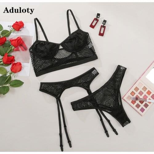 New womens sexy garter belt lace lingerie set thong bra three-piece underwear set underwire gather mesh see-through underwear