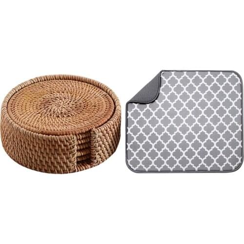 Countertop Suction Mat Tableware Cup Bowl Dish Drain Pad With 6Pcs Creative Drink Coasters Set For Tea Tableware 8Cm