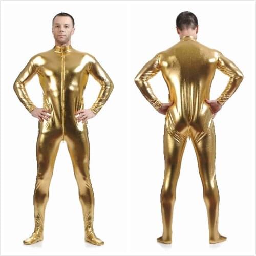 Mens Sexy Gold Shiny Metallic Zentai Suit Faux Leather Catsuit Front Zipper Open Crotch Tight Skin Bodysuit Jumpsuit Clubwear