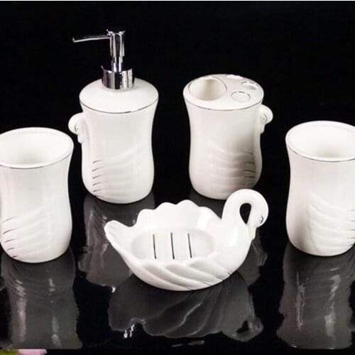 Fashion ceramic 5 pieces set of bathroom wash set porcelain bathroom supplies swan toothbrush holder shukoubei pallet soap box