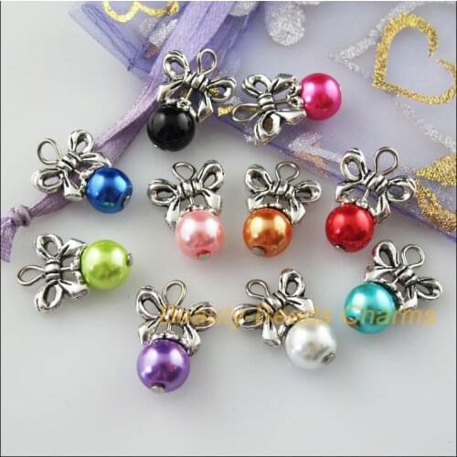 New 10Pcs Tibetan Silver Butterfly Mixed Round Glass Beads Charms Pendants 13.5x20mm