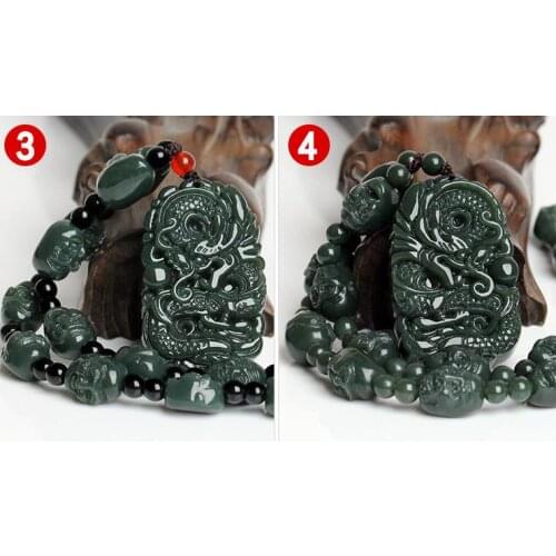 New Green Hetian Stone Pendant 3D Carved Chinese Dragon Pendants With Beads Necklace Women Mens Amulet Nephrite Jades Jewelry