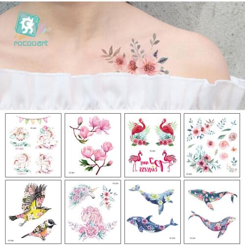 Rocooart Tattoo Unicorn Flamingo Tattoo Sticker Flowers Animals Waterproof Fake Tatoo Dreamcatcher Temporary Tattoo Body Art